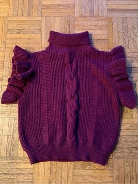 Knit Co-Op Plum Ruffle Sleeve Chunky Knit Turtleneck Sweater Medium